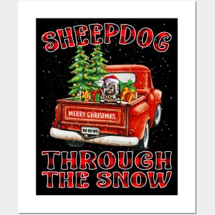 Christmas Sheepdog Through The Snow Dog Santa Truck Tree Posters and Art